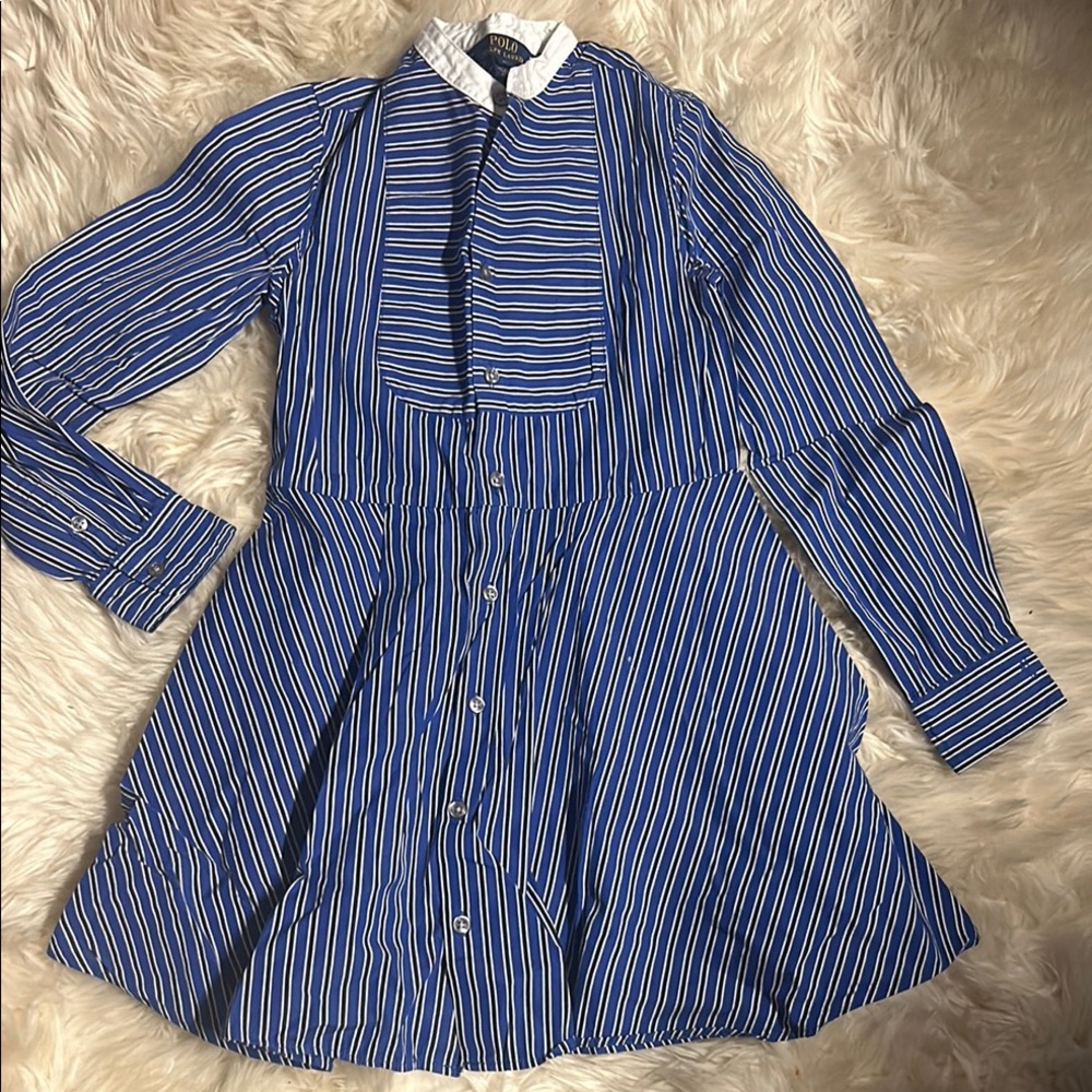 Polo by Ralph Lauren Blue and White Pleated Bishop Sleeve Dress